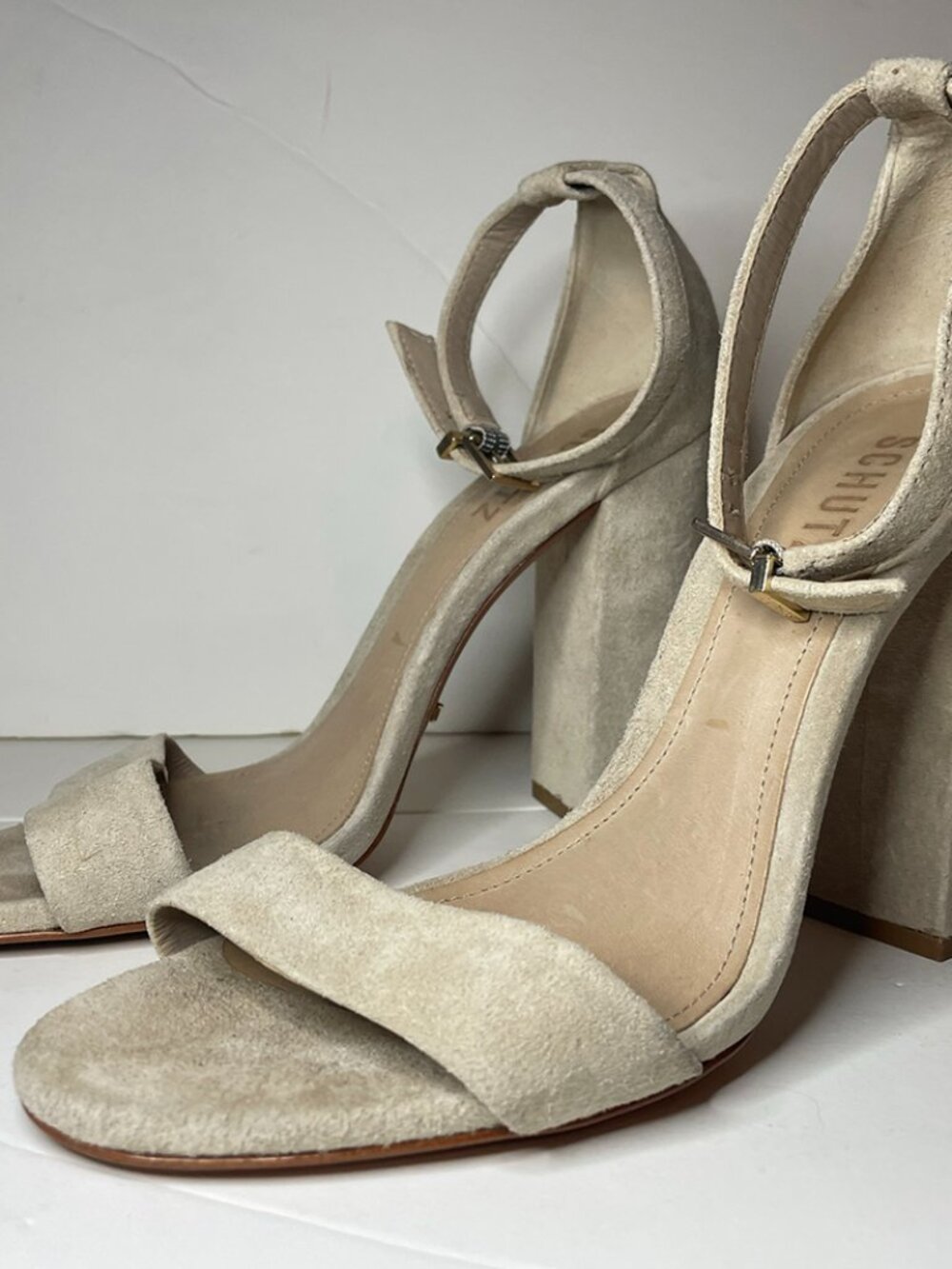SCHUTZ Enida Suede Block Heel Sandals Ankle Strap| US 8.5 | Neutral Beige